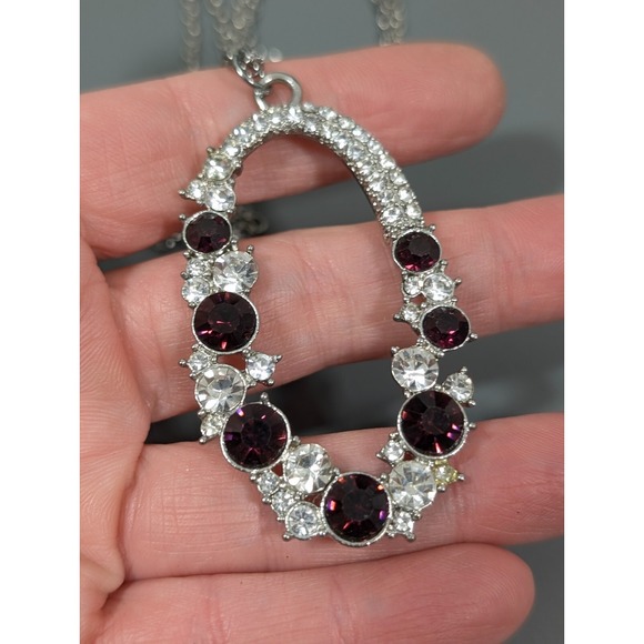 Purple Rhinestone Large Oval Pendant Long Chain Necklace Chic 38 in - Picture 8 of 9